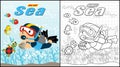 Little diver cartoon carrying shellfish underwater with funny marine animals