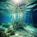 Marine life on the mangrove roots underwater  Made With Generative AI illustration Royalty Free Stock Photo