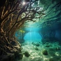 Marine life on the mangrove roots underwater  Made With Generative AI illustration Royalty Free Stock Photo