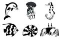 Marine life monochrome set with dolphin, jellyfish, seahorse, fish, seashell and crab.
