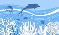 Marine life scene. Composition with dolphin, fishes, seabed with corals and ocean. Hand drawn vector sketch illustration