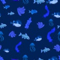 Marine life seamless pattern. Blubber, shell, x-ray fish, pufferfish