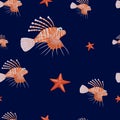 Marine life seamless pattern. Lionfish and starfish.