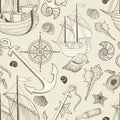 Marine life seamless pattern. Sailing ship, Seashell, anchor, co