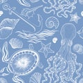 Marine life seamless pattern. Seashell, turtle, octopus. Ocean