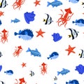 Marine life seamless pattern. Starfish, shell, squid, pufferfish.