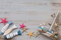 Marine life with seashells, starfish and boat with copy space Royalty Free Stock Photo