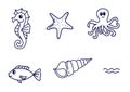 Marine life set in doodle line style. Sea animals Royalty Free Stock Photo