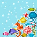 Marine life sticker background with sea animals