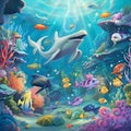 Marine life, underwater world with sea ocean animals, corals and algae, cartoon dolphin and shark, whale and fish, turtle and Royalty Free Stock Photo
