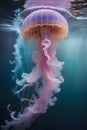 Incredible wallpaper image. Oceanic life, pastel coloured medusa. Isolated colourful jellyfish under blue lagoon water. Royalty Free Stock Photo