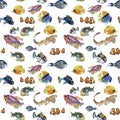 Marine life watercolor seamless pattern with Tropical fish