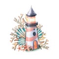 A marine lighthouse with corals, shells and a starfish. Watercolor composition beach, summer, for the design and Royalty Free Stock Photo