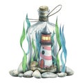 A marine lighthouse in a glass bottle with algae and pebbles. Watercolor illustration, composition. For decoration