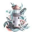 A marine lighthouse with whales, algae and shells. Watercolor illustration. Composition from the collection of WHALES