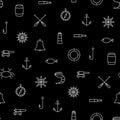 Marine line icons seamless vector pattern on black background
