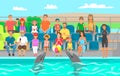 Marine mammals performs in dolphinarium. Dolphins play with ball, show trick for spectators Royalty Free Stock Photo