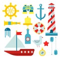 Marine nautical sailor symbols and vector flat icons set