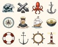 Marine and nautical or sea, ocean emblems. set of engraved vintage, hand drawn, old, labels or badges for a life ring, a Royalty Free Stock Photo