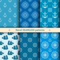 Marine, nautical, sea vector seamless patterns set Royalty Free Stock Photo