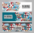 Marine nautical travel concept. Horizontal banner template set. Modern hand drawn doodle design. Royalty Free Stock Photo