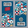 Marine nautical travel concept. Vertical banner template set. Modern hand drawn doodle design. Royalty Free Stock Photo