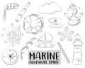 Marine nautical travel icons set. Black and white hand drawn outline doodle objects. Coloring page kids game.