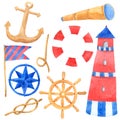 Marine nautical travel watercolor collection on white background , Cartoon Hand drawn for Kids, Greeting Card , Cases design, Royalty Free Stock Photo