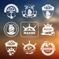 Marine, nautical vector labels on blurred background