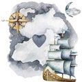 Marine navigation watercolor illustration. Ship, lighthouse, compass, clouds. Finding a way. Sea voyage clipart on a