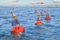 Marine navigational buoys in the open sea, 3D rendering