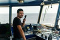 Marine navigational officer is reporting by VHF radio Royalty Free Stock Photo
