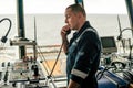 Marine navigational officer is reporting by VHF radio Royalty Free Stock Photo