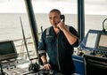 Marine navigational officer is reporting by VHF radio Royalty Free Stock Photo