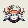 Marine ocean crab. Nautical delicacy seafood logo