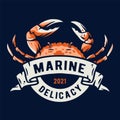 Marine ocean crab. Nautical delicacy seafood logo