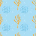 Marine ocean pattern with orange corals and air bubbles, blue contour seashells on pastel blue background. Royalty Free Stock Photo