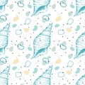 Marine oceanic pattern with blue Seashell hand drawn.