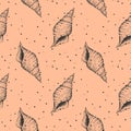 Marine oceanic pattern with contour Seashell hand drawn on Peach fuzz color trend year 2024 background.