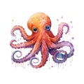 Marine octopus watercolor illustration, marine animals clipart