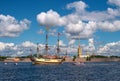 Marine parade in St. Petersburg. Sailing Russian frigate Poltava on the Neva in the center of St. Petersburg. Panaroma