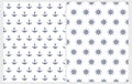 Lovely Nautical Vector Patterns Set. Navy Blue Anchors and Helms Isolated on a White Background. Royalty Free Stock Photo