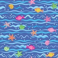 Marine seamless pattern with sea Ã¢â¬â¹Ã¢â¬â¹waves, fish, starfish, seashells . Royalty Free Stock Photo