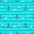 Marine pattern seamless Anchors gull icons and Stripes waves. Turquoise background, aquamarine vector