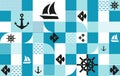 Marine pattern. Vector blue background with anchor, sailboat, fish and steering wheel.