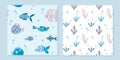 Marine patterns set. Cute cartoon fish and seaweed.