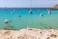 Marine pleasure boats of the coast Cala Comte, beach Cala Escondida. Ibiza, Balearic Islands. Spain