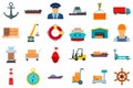 Marine port icons set, flat style