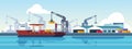 Marine port. Shipping transportation and ocean logistic flat banner, cargo ships and freight vessels. Vector maritime