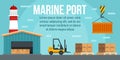 Marine port warehouse concept banner, flat style Royalty Free Stock Photo